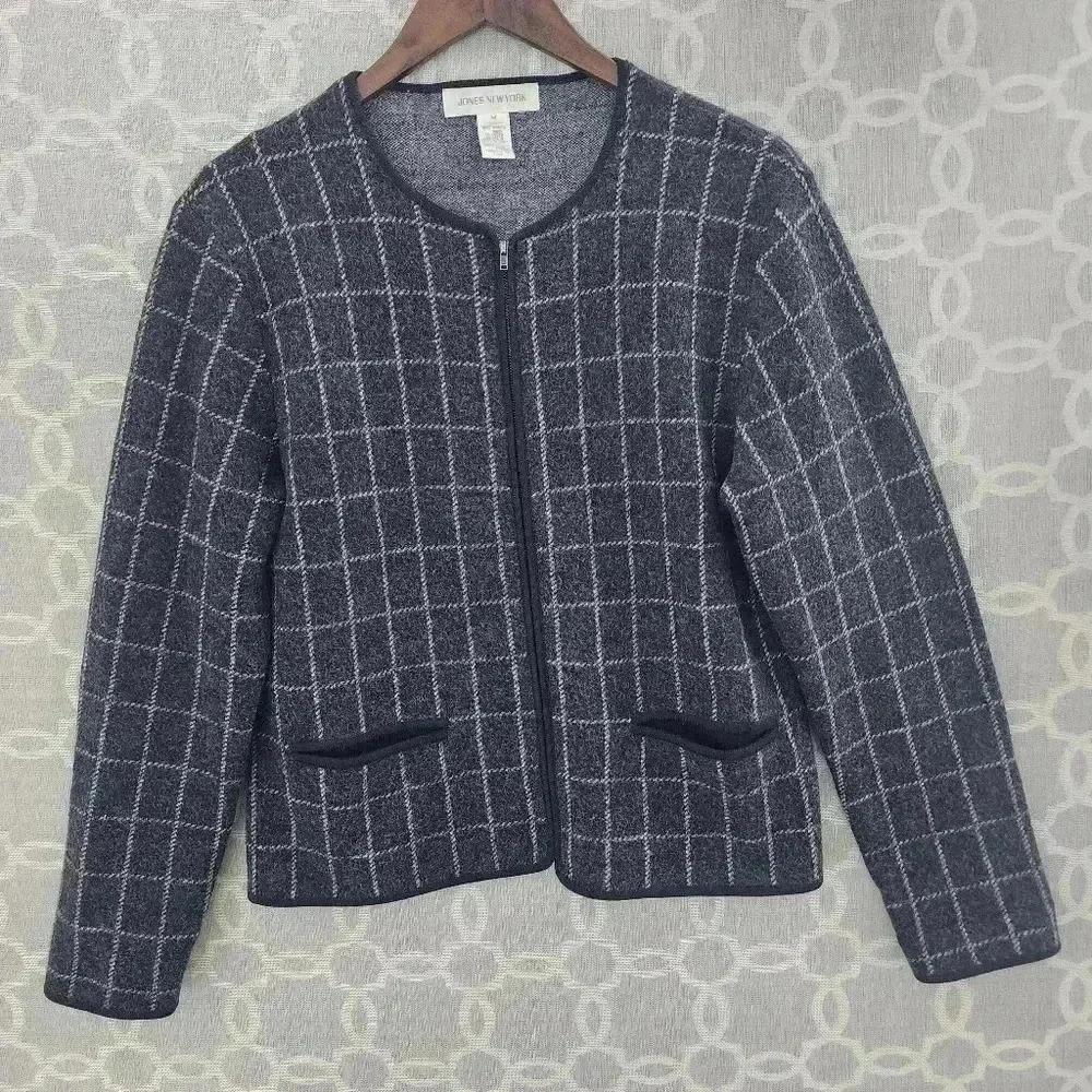 Jones New York Merino Wool Checkered Gray Full Zip Women's Blazer M